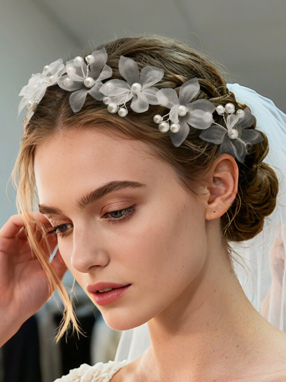 White Tulle Flower Bridal Headband | Pearl Wedding Hair Vine Floral Tiara